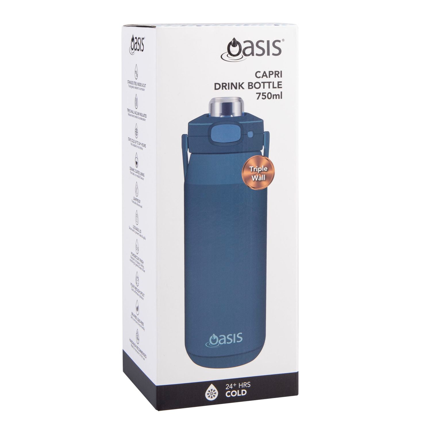Oasis Ceramic Stainless Steel Triple Wall Capri Quick Release Drink Bottle 750ML