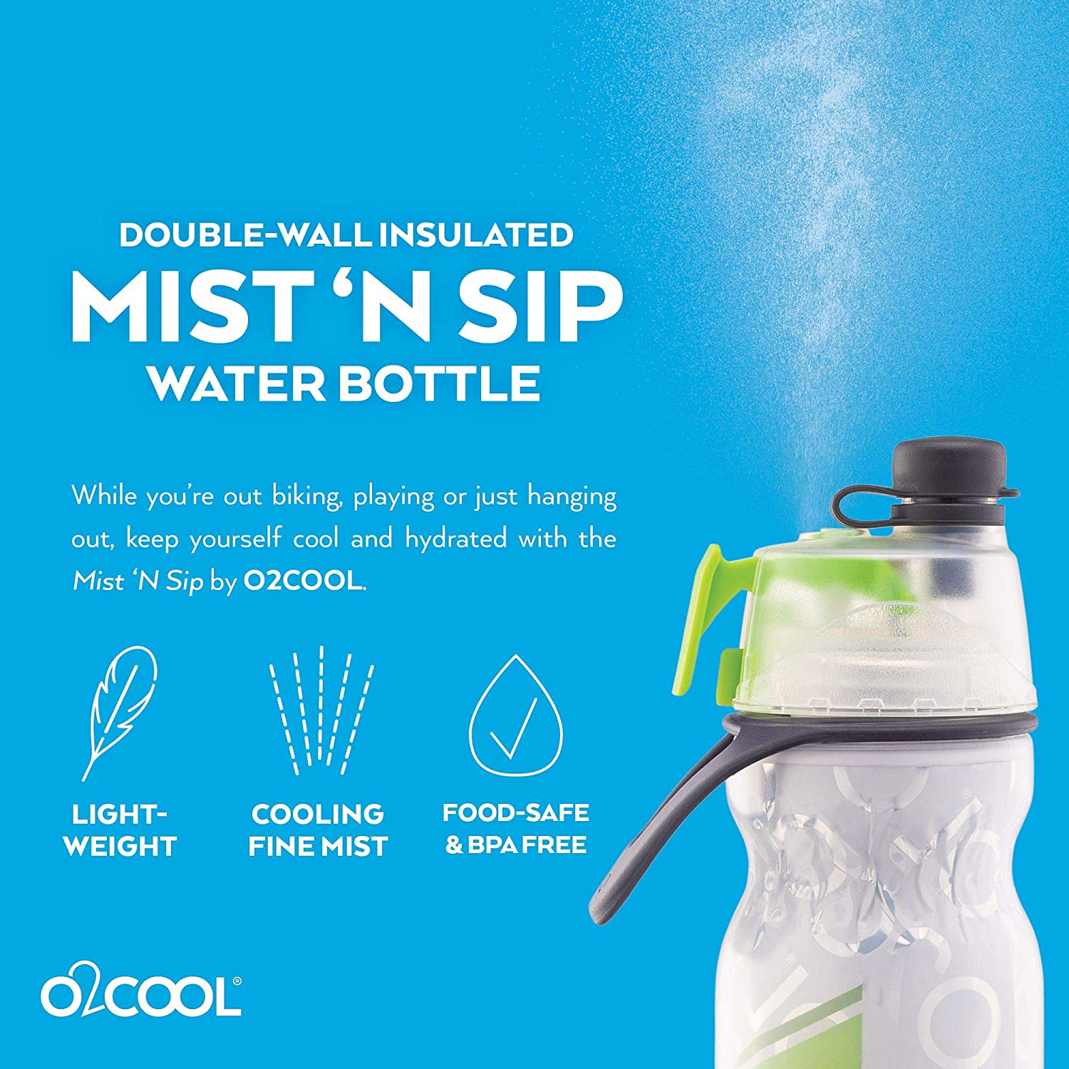 O2COOL Arctic Squeeze Sw Mist 'N Sip Insulated Water Bottle 20oz with Lock & Mount
