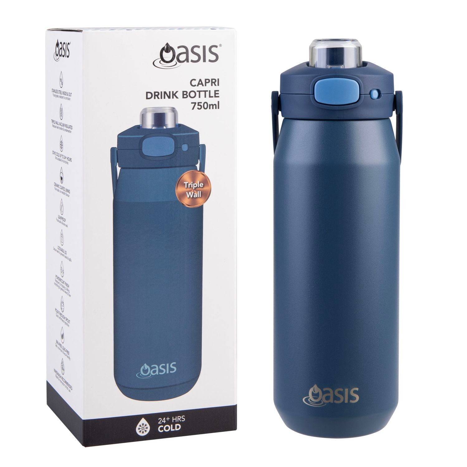Oasis Ceramic Stainless Steel Triple Wall Capri Quick Release Drink Bottle 750ML